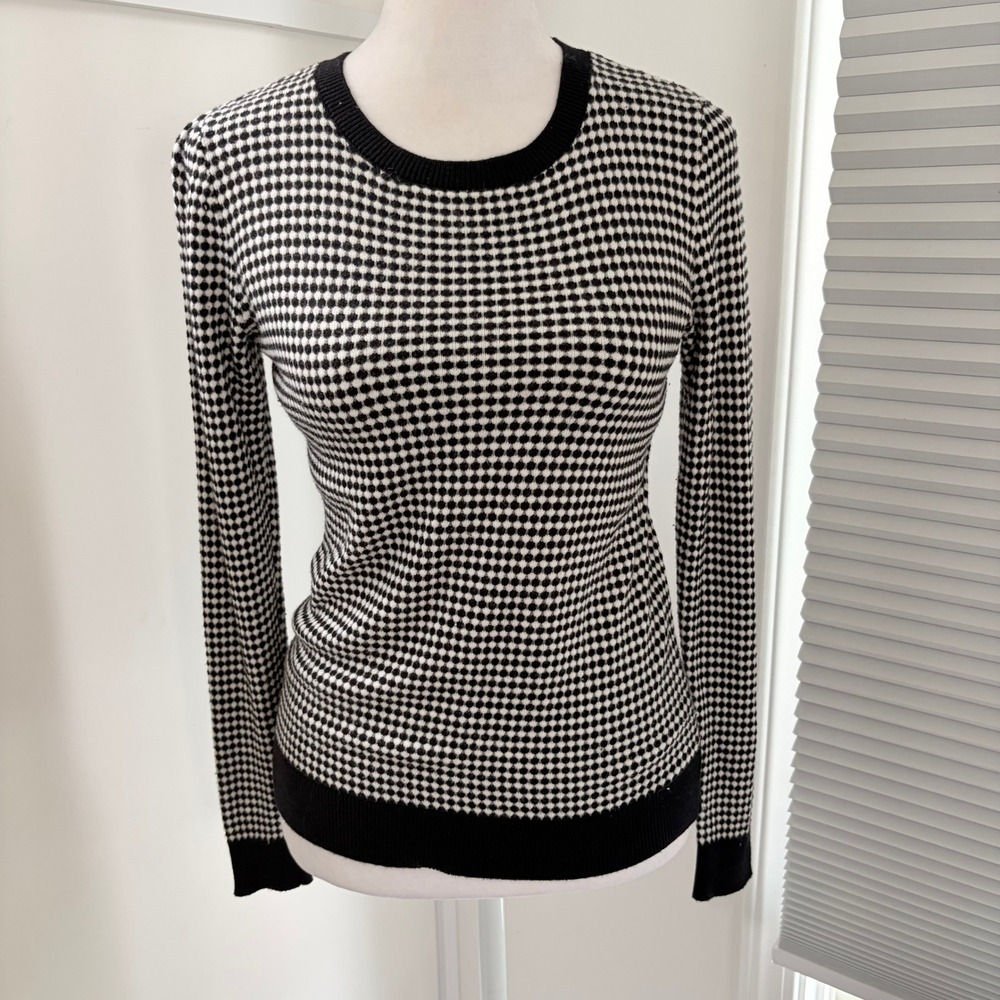 Ann Taylor Sweater XS Preppy Black White Checkered Knit Crew Long Sleeve Top